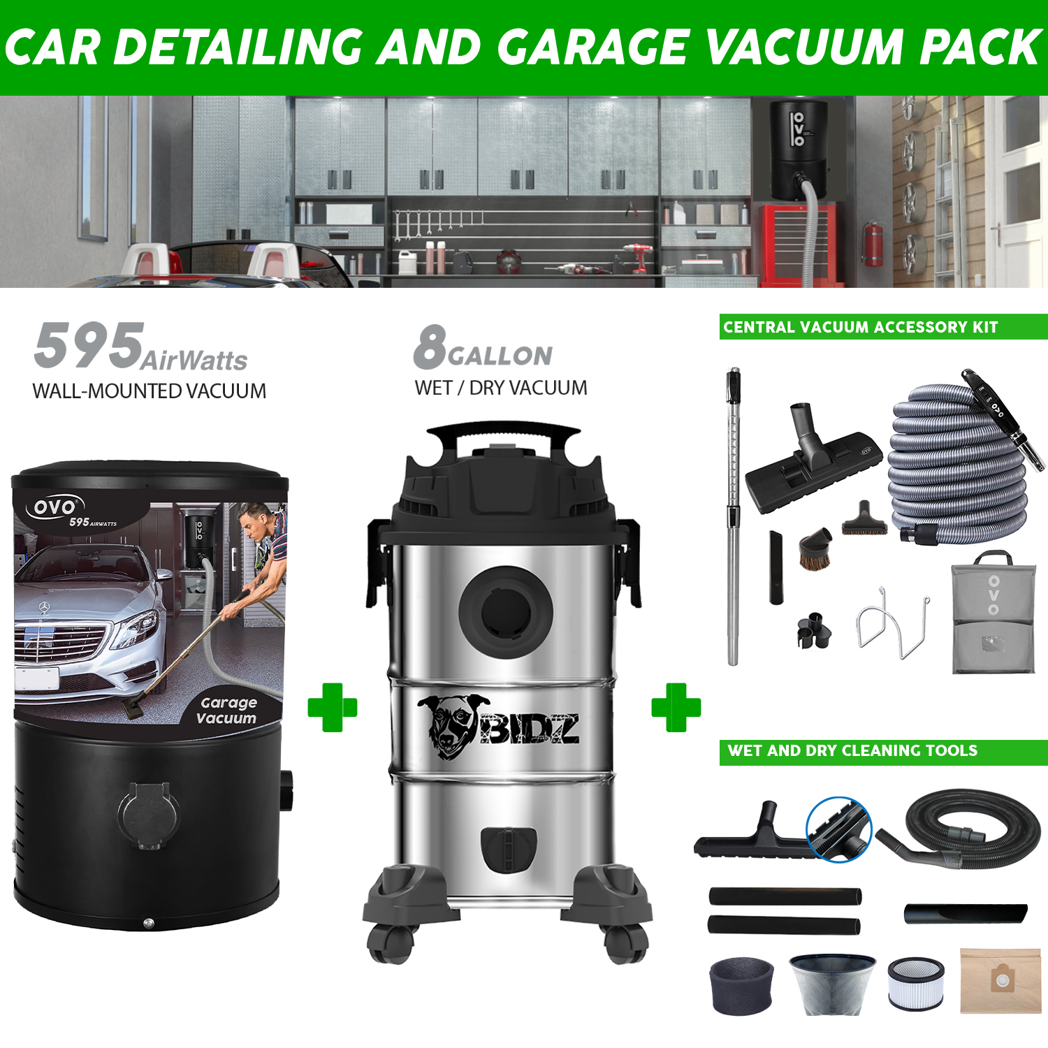 Car detailing and garage vacuum pack wallmounted Vacuum, 595AW + 8